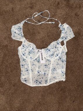 Garage White & Blue Floral Corset-Style Crop Top